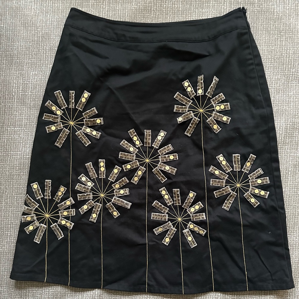 Boden Embellished A-Line Skirt Black Matt Gold Floral Cotton Lined Size 6r